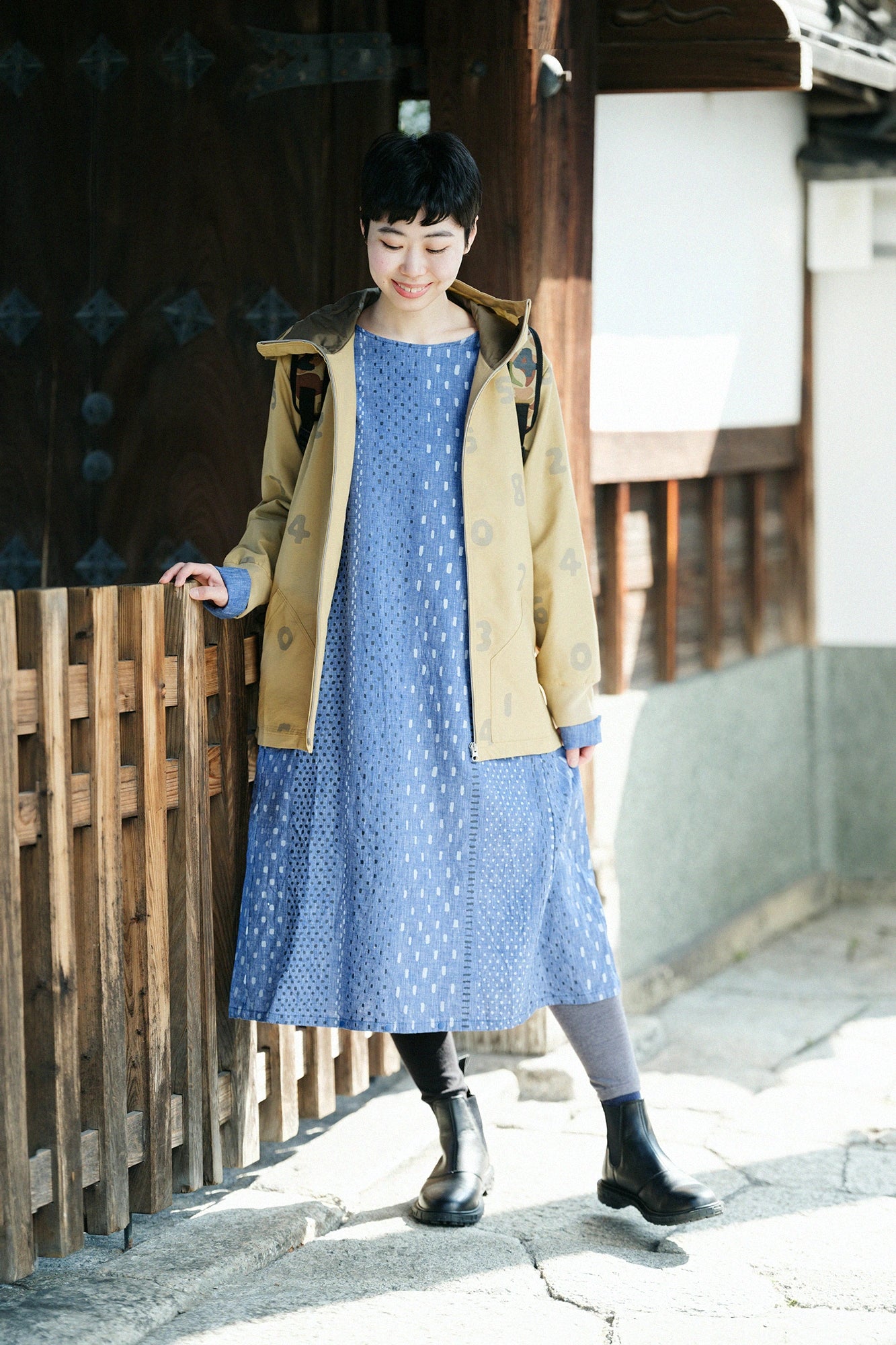 綿麻 BIKEワンピース/霰縞(あられじま) ブルー