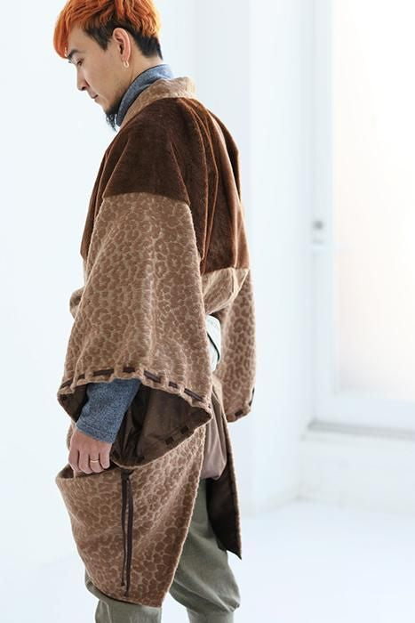 Leopard Jacquard Roll-up Hem Simple Kimono with Lining / Clove Tea