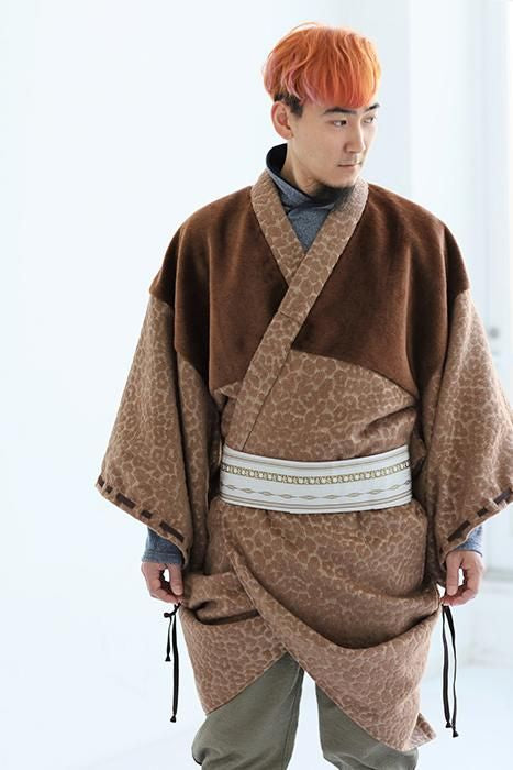 Leopard Jacquard Roll-up Hem Simple Kimono with Lining / Clove Tea