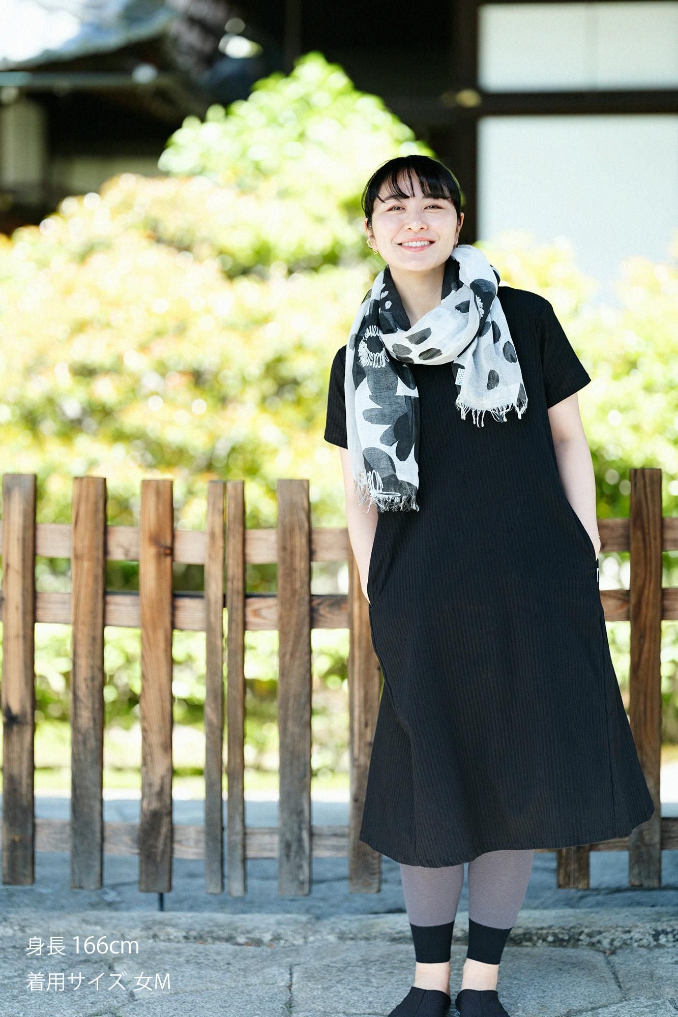 Chizimi Cotton 40/20 Akiha V-neck Short Sleeve Dress / Black