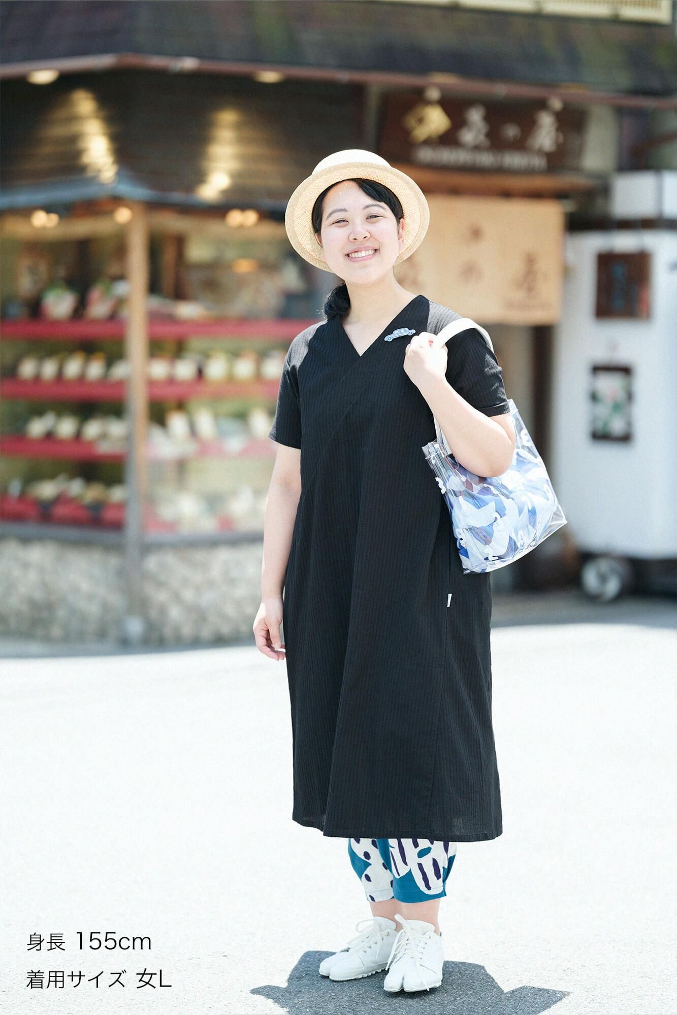 Chizimi Cotton 40/20 Akiha V-neck Short Sleeve Dress / Black
