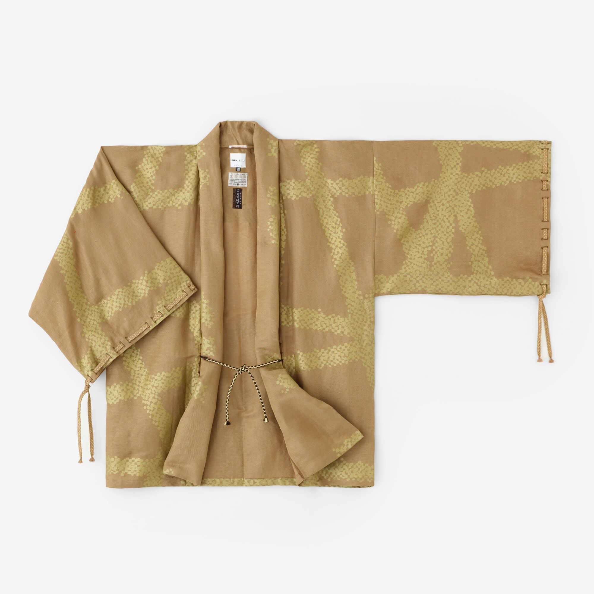Linen Silk Rectangular Sleeve Coat Short Single Layer / Tied-up Yellow Ochre