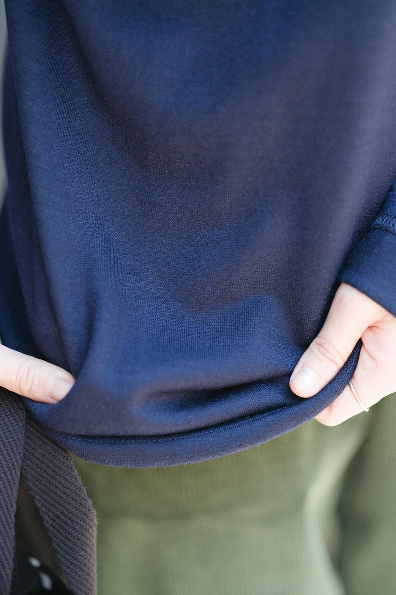 Washable Plain Stitch Wool Long Sleeve Pocket T-shirt／Dark Navy