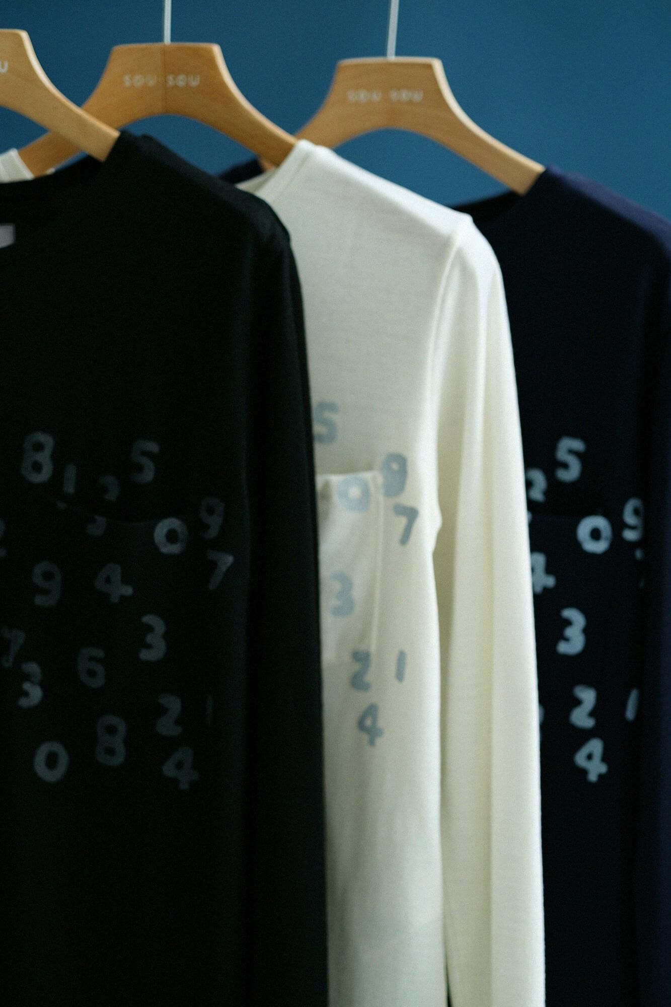Washable Plain Stitch Wool Long Sleeve Pocket T-shirt／Dark Navy