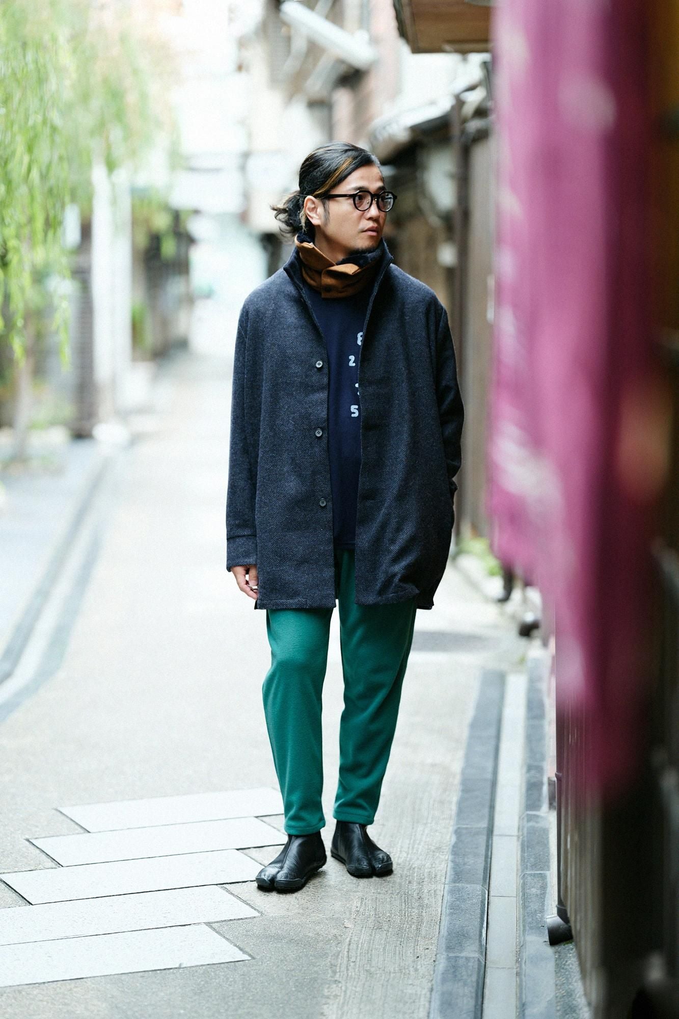 Washable Plain Stitch Wool Long Sleeve Pocket T-shirt／Dark Navy