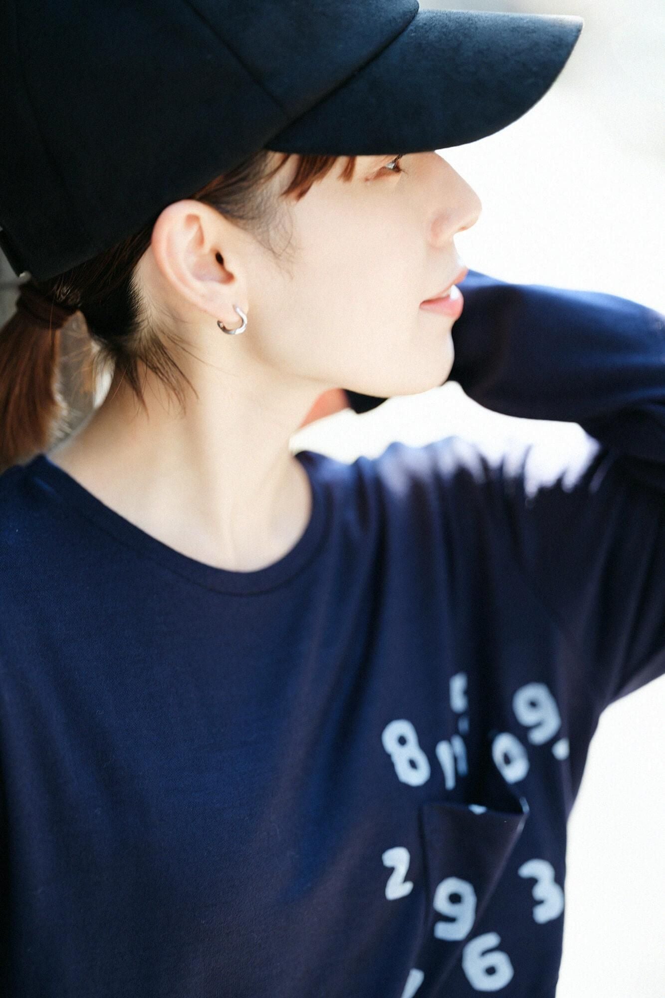 Washable Plain Stitch Wool Long Sleeve Pocket T-shirt／Dark Navy
