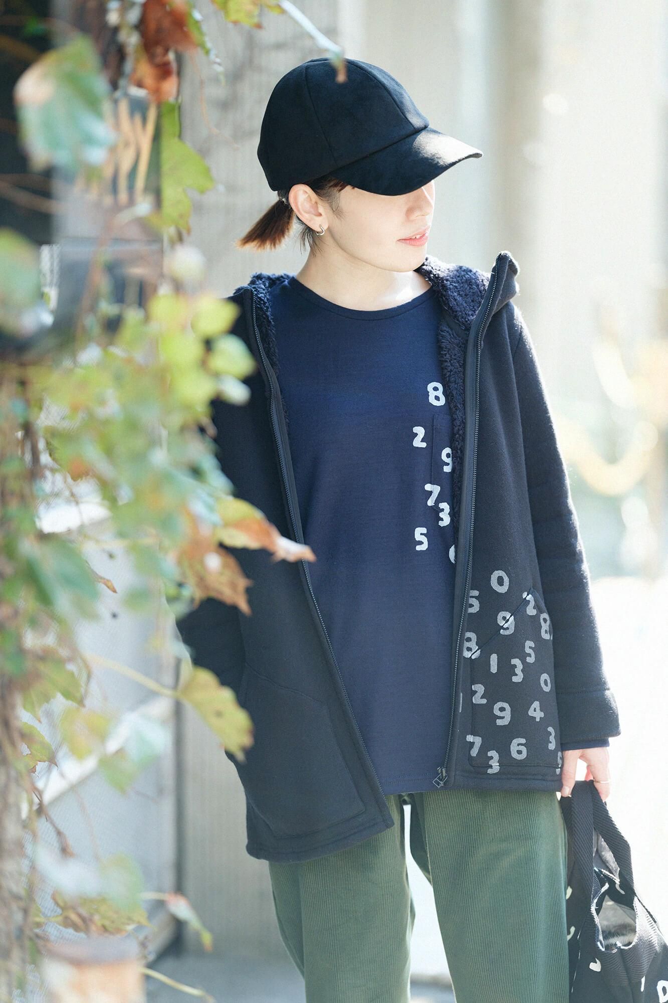 Washable Plain Stitch Wool Long Sleeve Pocket T-shirt／Dark Navy