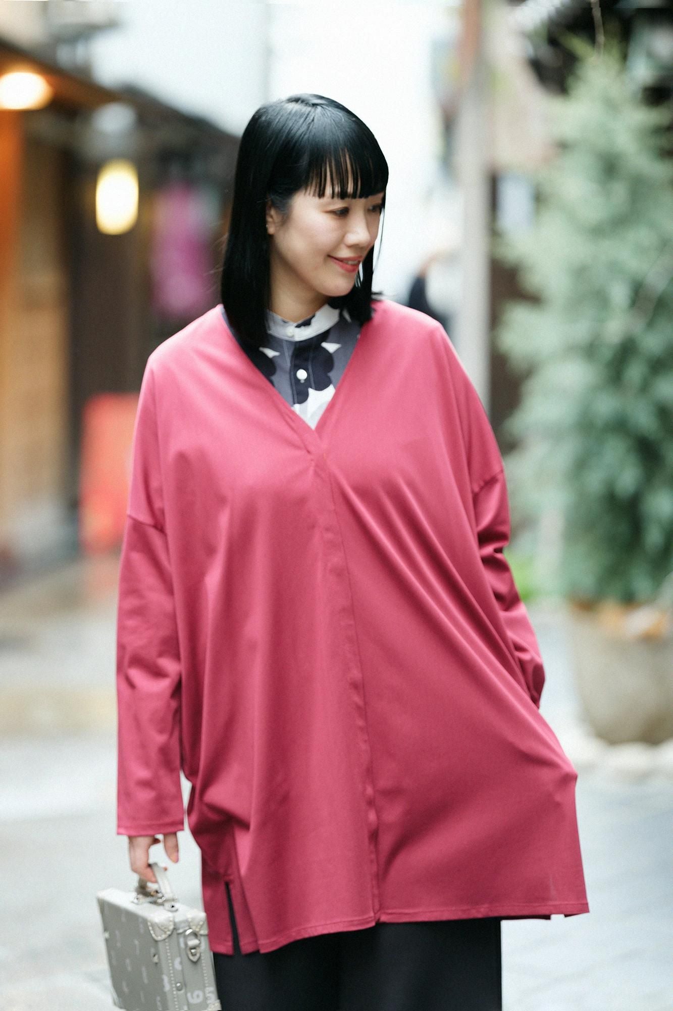 Cardigan tunique léger col V en triacétate de coton/couleur rouge rouille