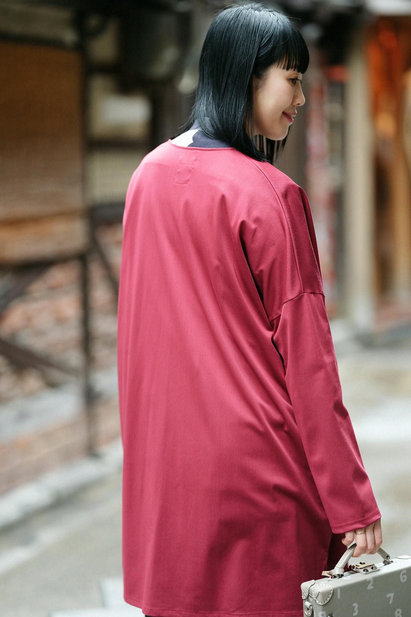 Cardigan tunique léger col V en triacétate de coton/couleur rouge rouille