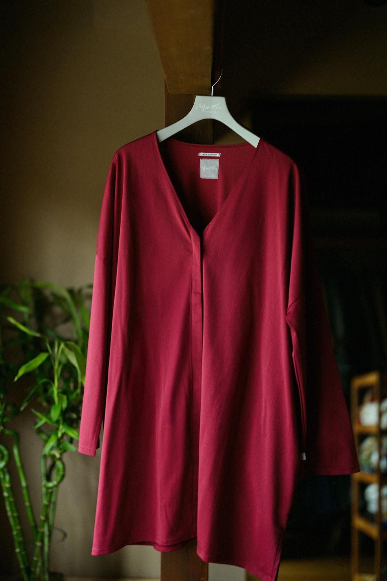 Cardigan tunique léger col V en triacétate de coton/couleur rouge rouille