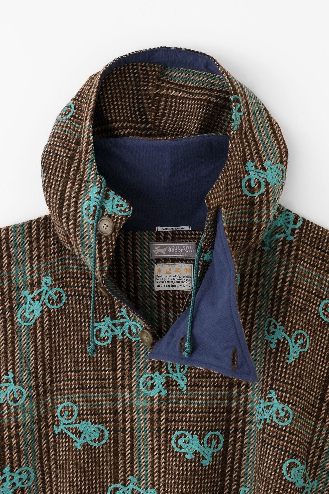 Woll-Tweed-BIKE-Poncho/Ränder hier und da, braun kariert