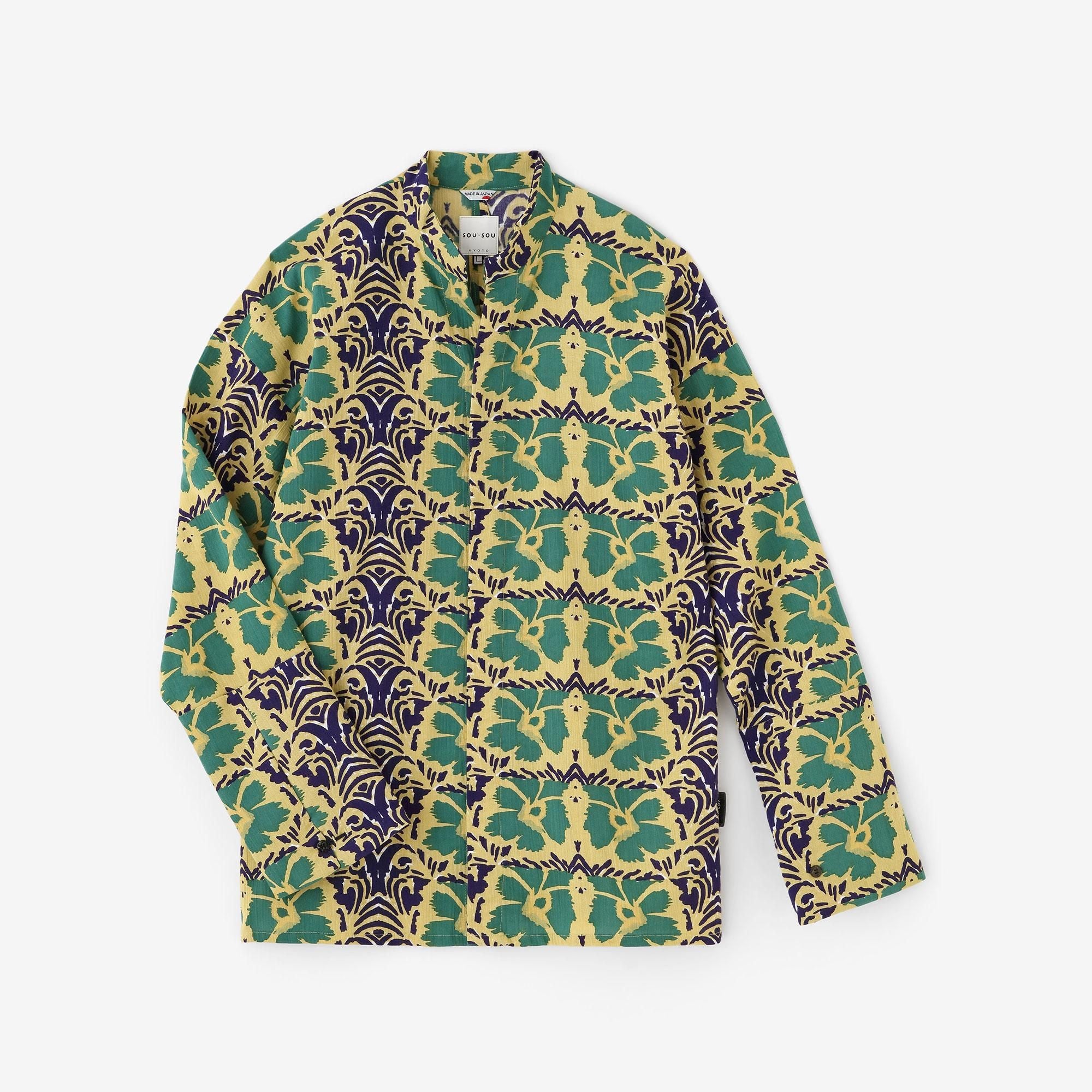 Band Collar Chizimi Cotton 20/20 Stand Tight-sleeved Kimono Shirt / Dianthus