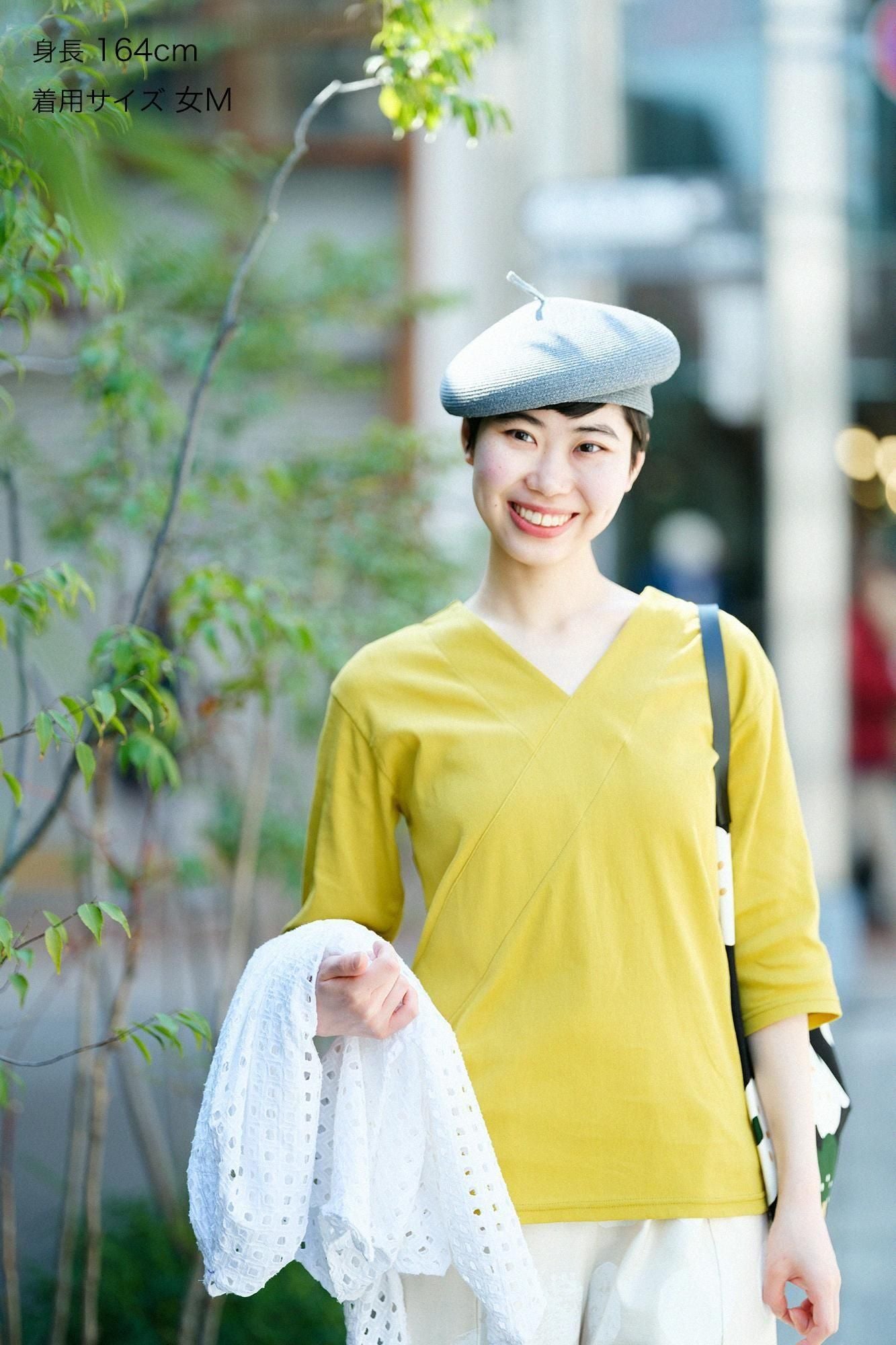 Chizimi Cotton 40/40 V-neck Shirt Elbow Length Sleeve／Mustard Color（presentsShiro)