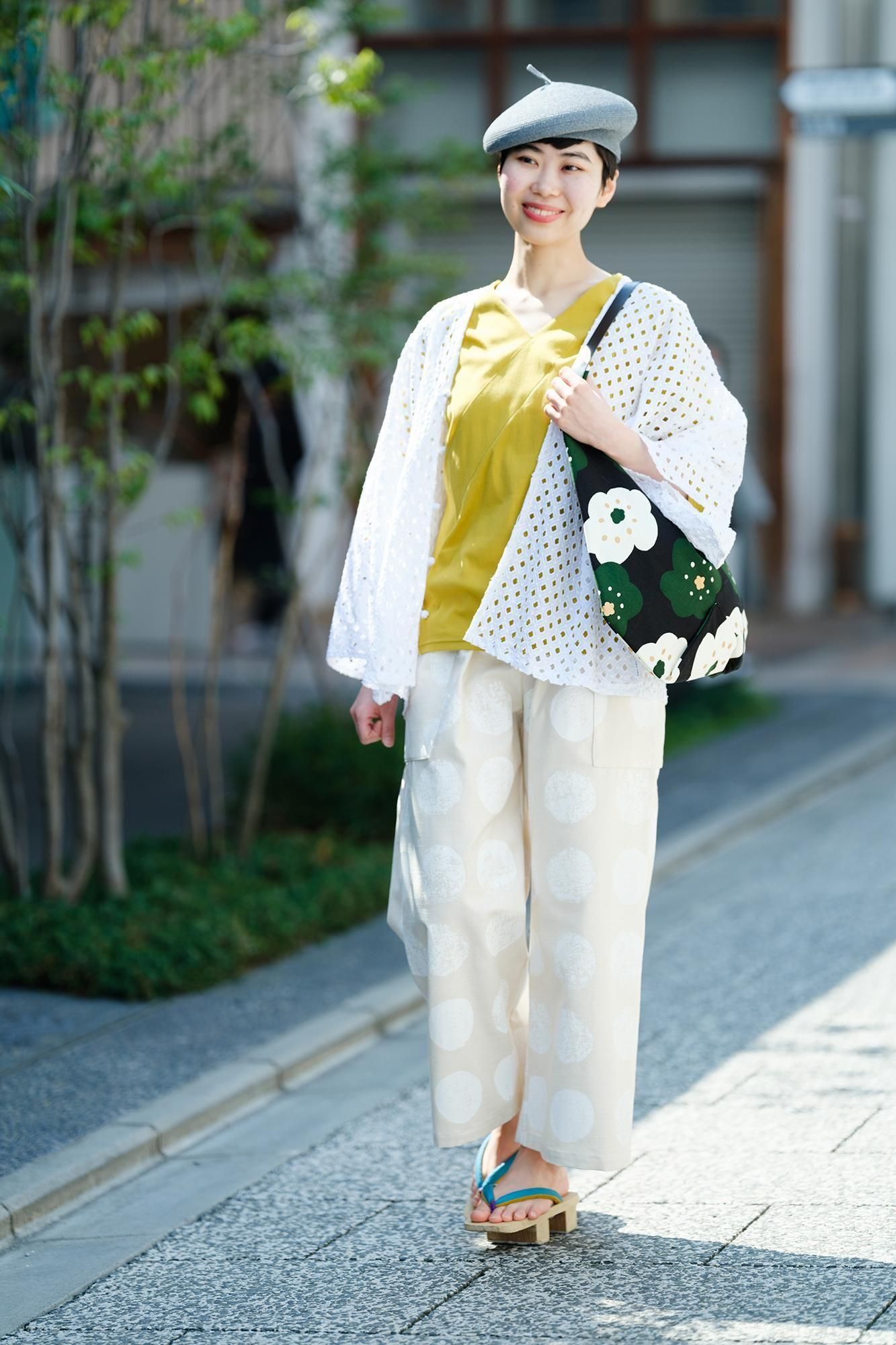 Chizimi Cotton 40/40 V-neck Shirt Elbow Length Sleeve／Mustard Color（presentsShiro)