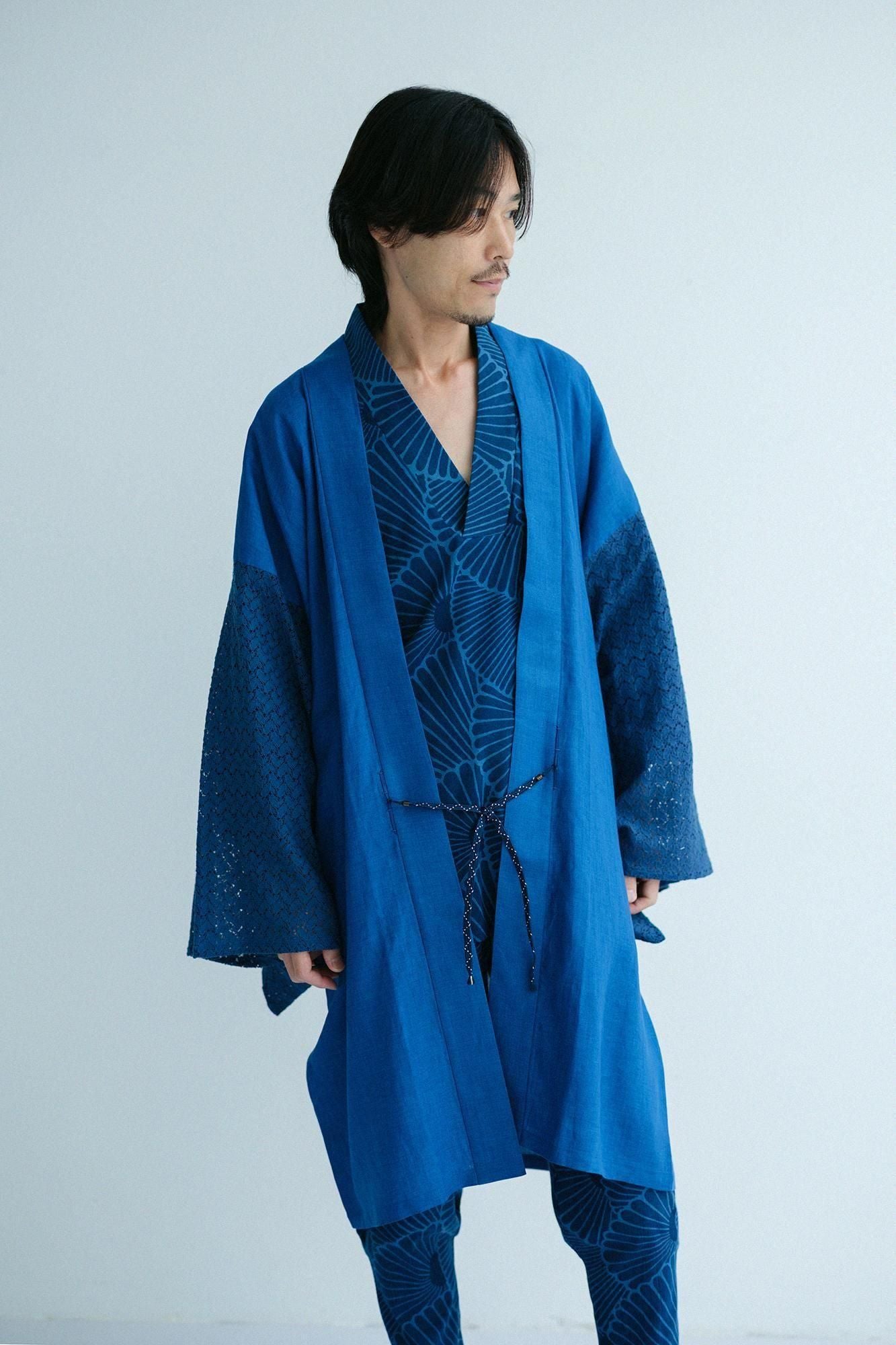 대마 x비침있는 자수 사각형 슬리브한텐(Kakusojanten) 싱글 (Hitoe)/Usuhanada)