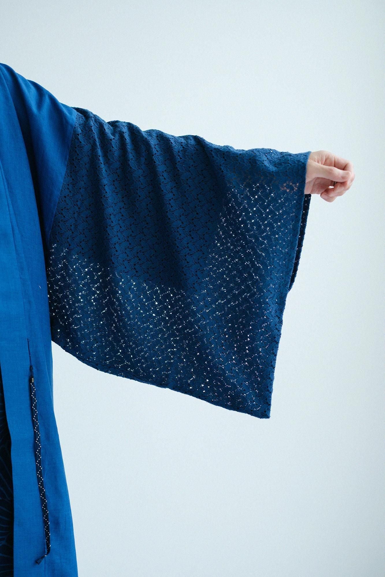 대마 x비침있는 자수 사각형 슬리브한텐(Kakusojanten) 싱글 (Hitoe)/Usuhanada)