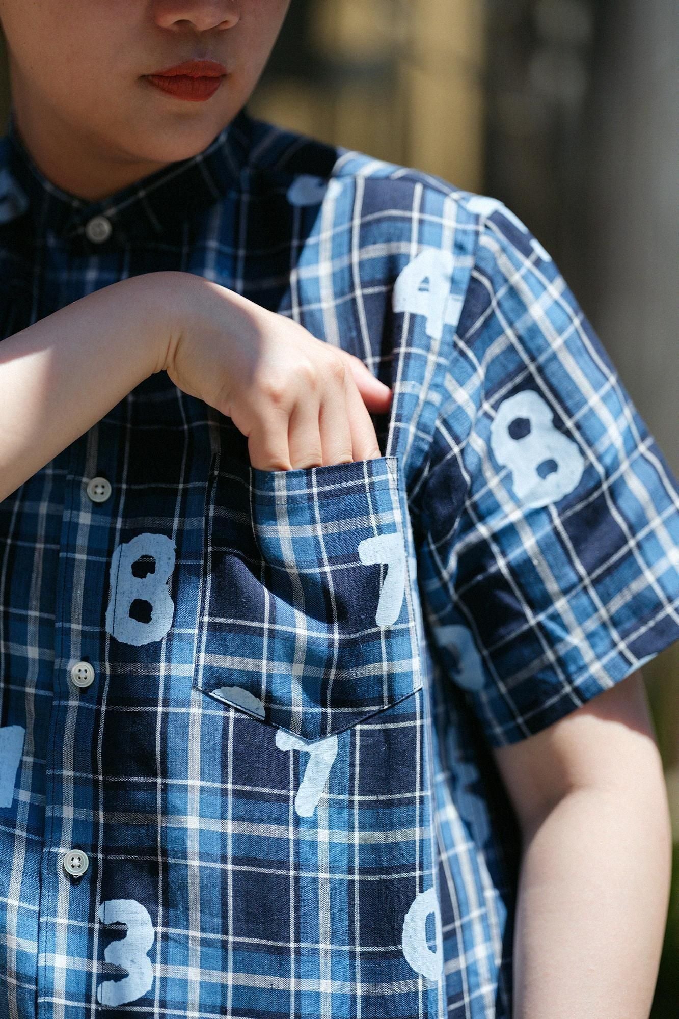 Chemise à manches courtes à carreaux en lin/SO-SU-U marine x bleu ciel