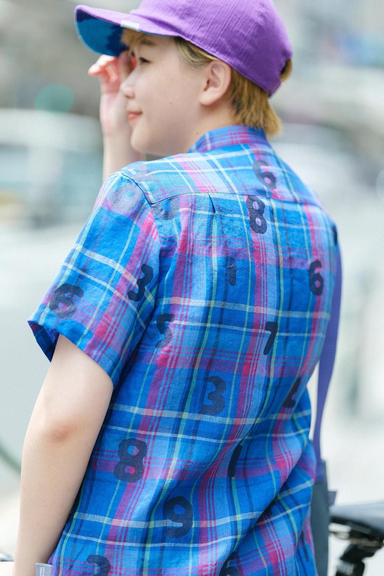 【net limited】Linen Check Short Sleeve Shirt / SO-SU-U blue ×Red