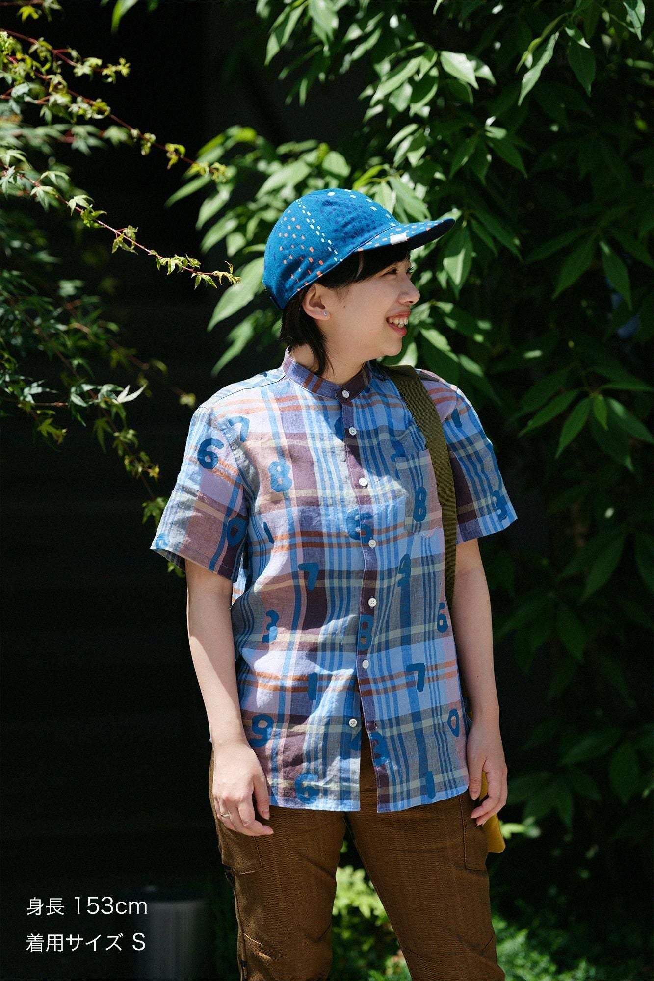 亞麻格子短袖襯衫/ SO-SU-U十數鋼青色x棕色