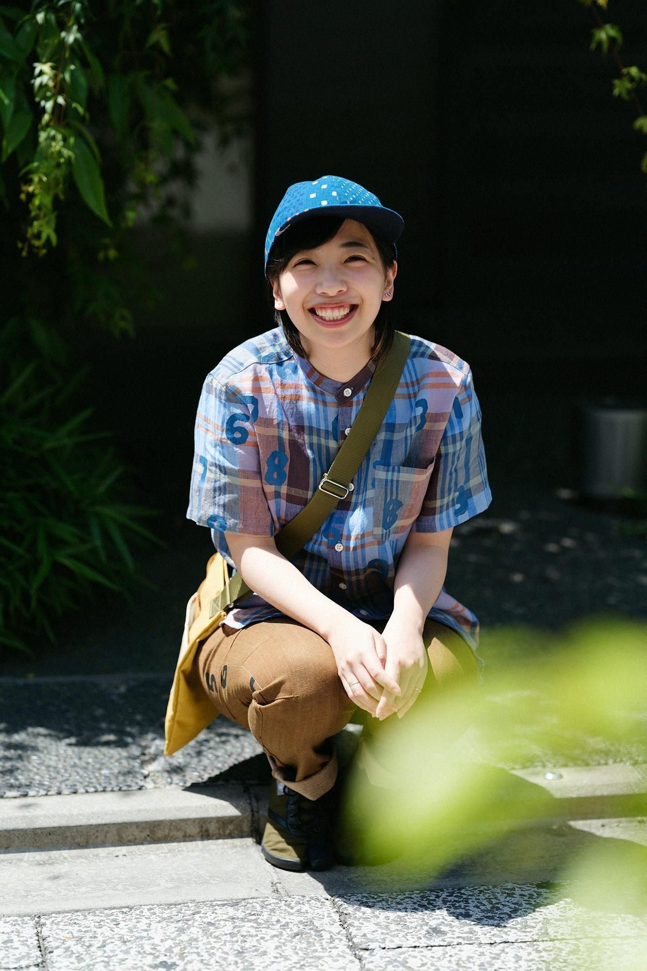 亞麻格子短袖襯衫/ SO-SU-U十數鋼青色x棕色