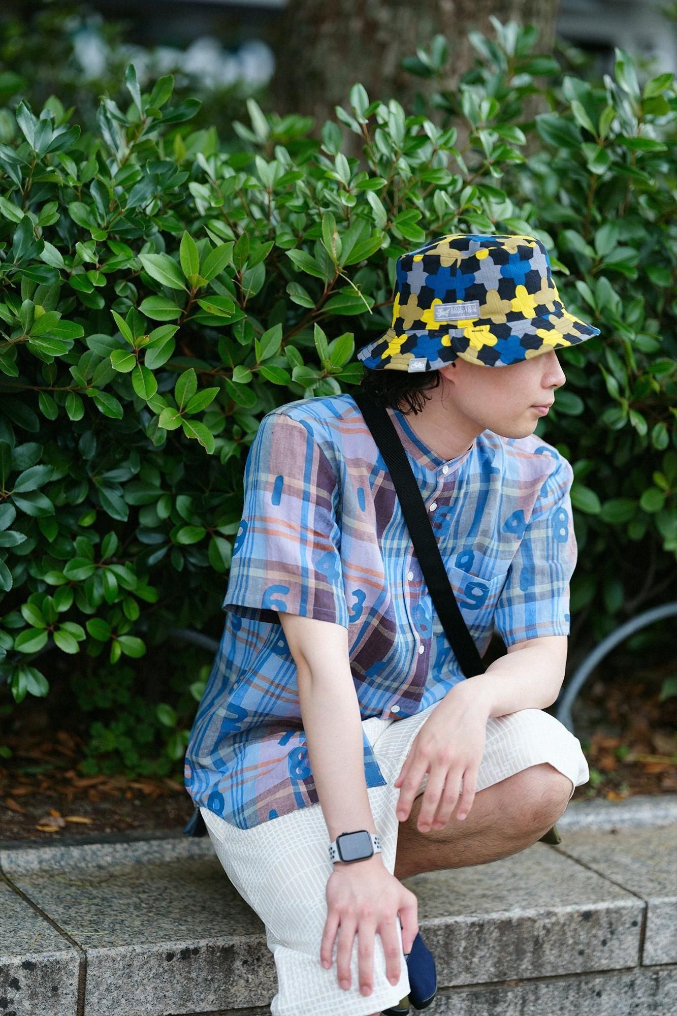 亞麻格子短袖襯衫/ SO-SU-U十數鋼青色x棕色