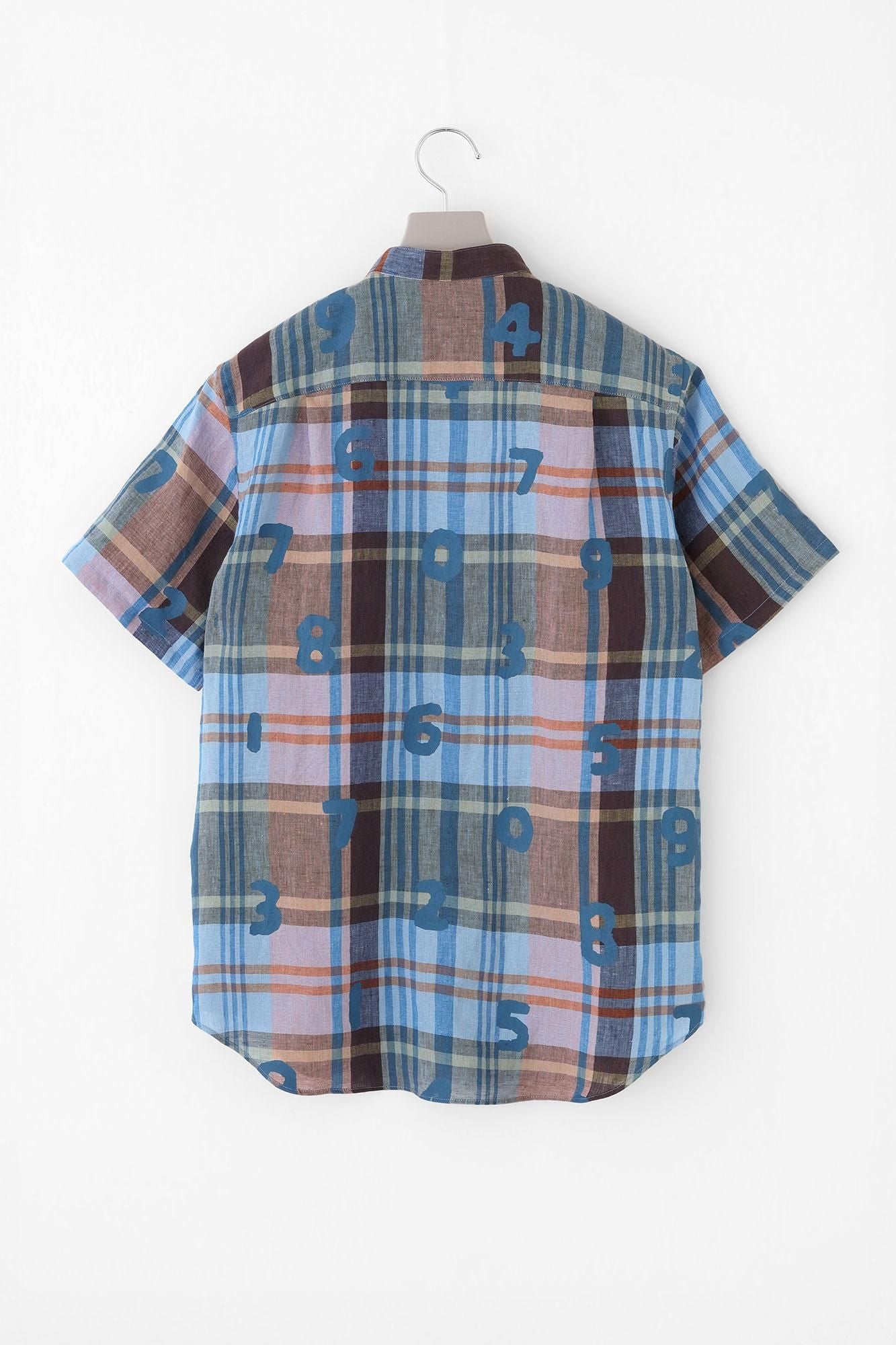 亞麻格子短袖襯衫/ SO-SU-U十數鋼青色x棕色