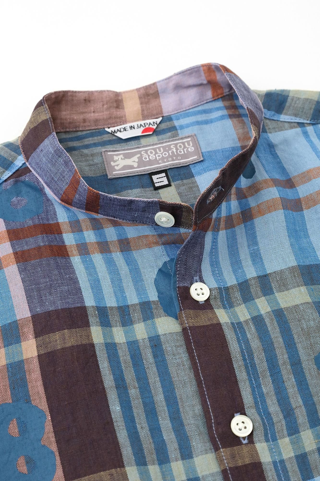 亞麻格子短袖襯衫/ SO-SU-U十數鋼青色x棕色