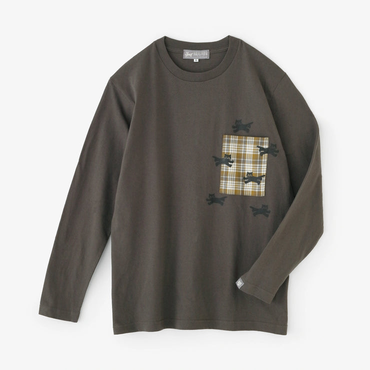 【9月29日頃発送予定】長袖 ポケットTシャツ[5.6]／チャコール×ねこ かけっこ