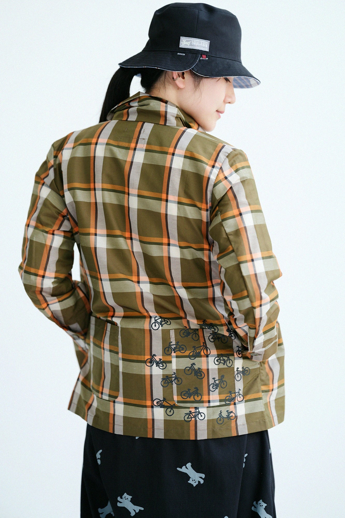 ラミーナイロン 衿付 ZIP UPジャケット／オリーブチェック