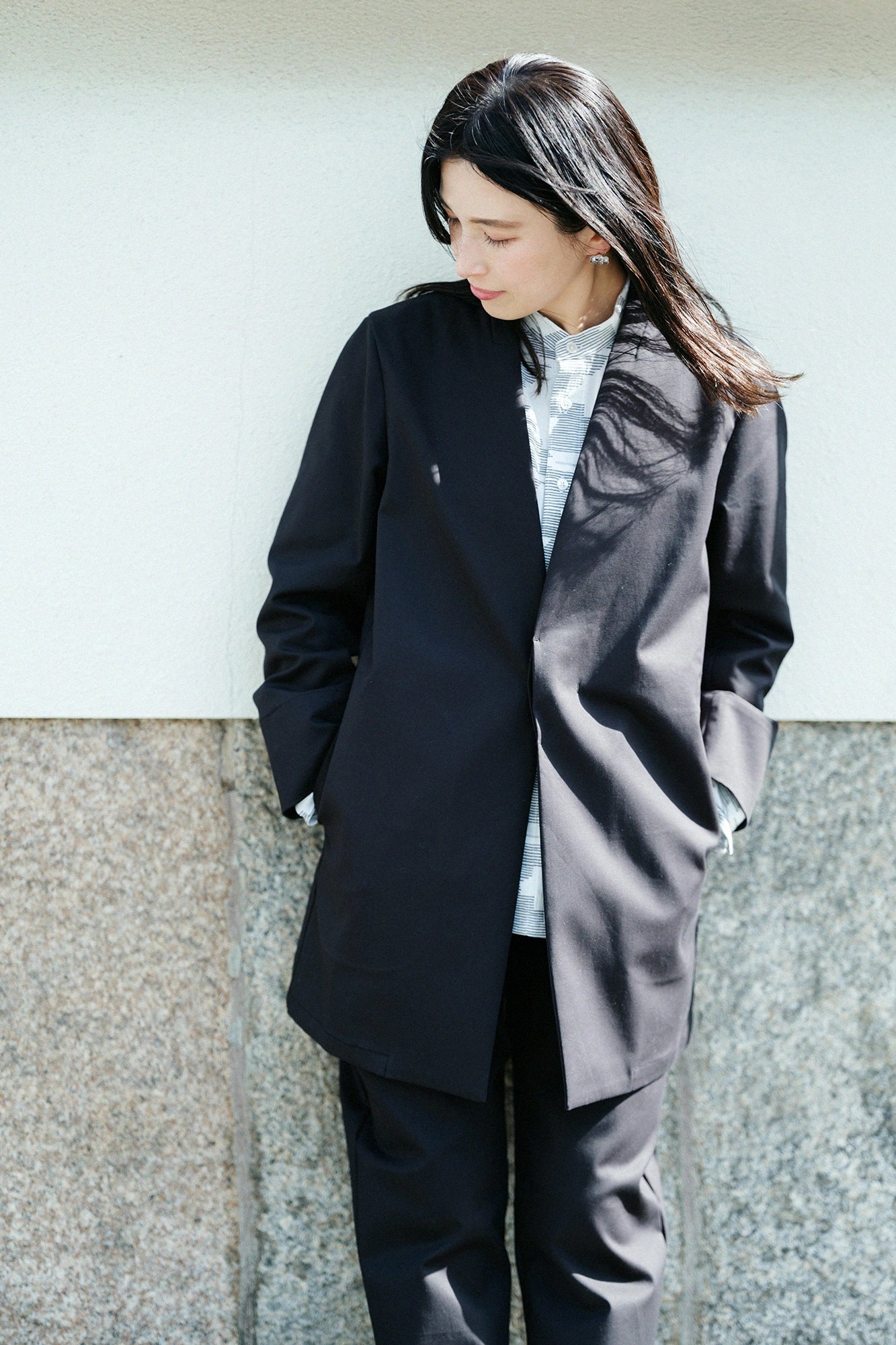 더블 크로스스트레치 노칼라자켓/블랙