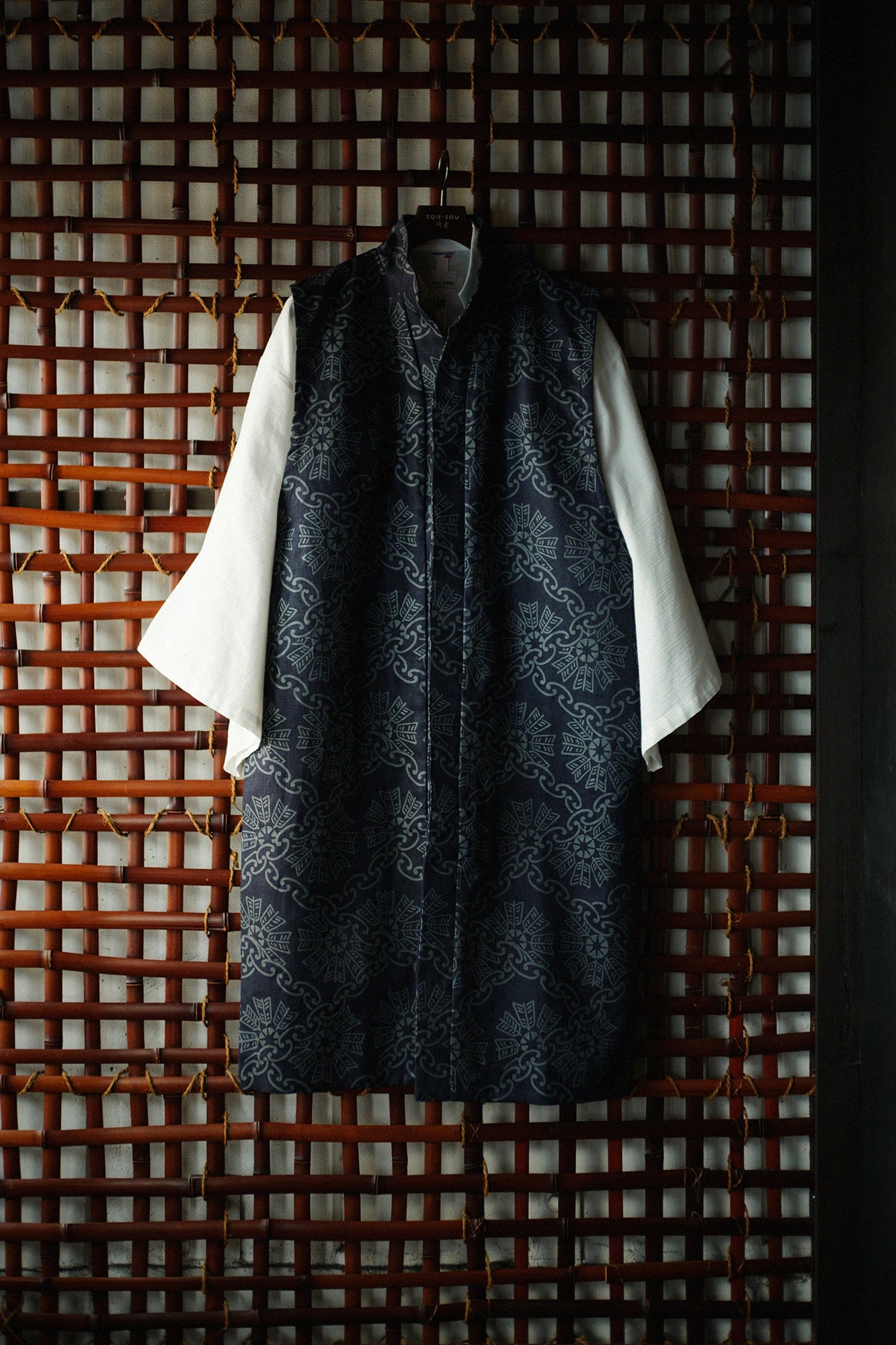 麻 斜紋織 長陣羽織  單層／圓環風車紋 再現 暗藍色