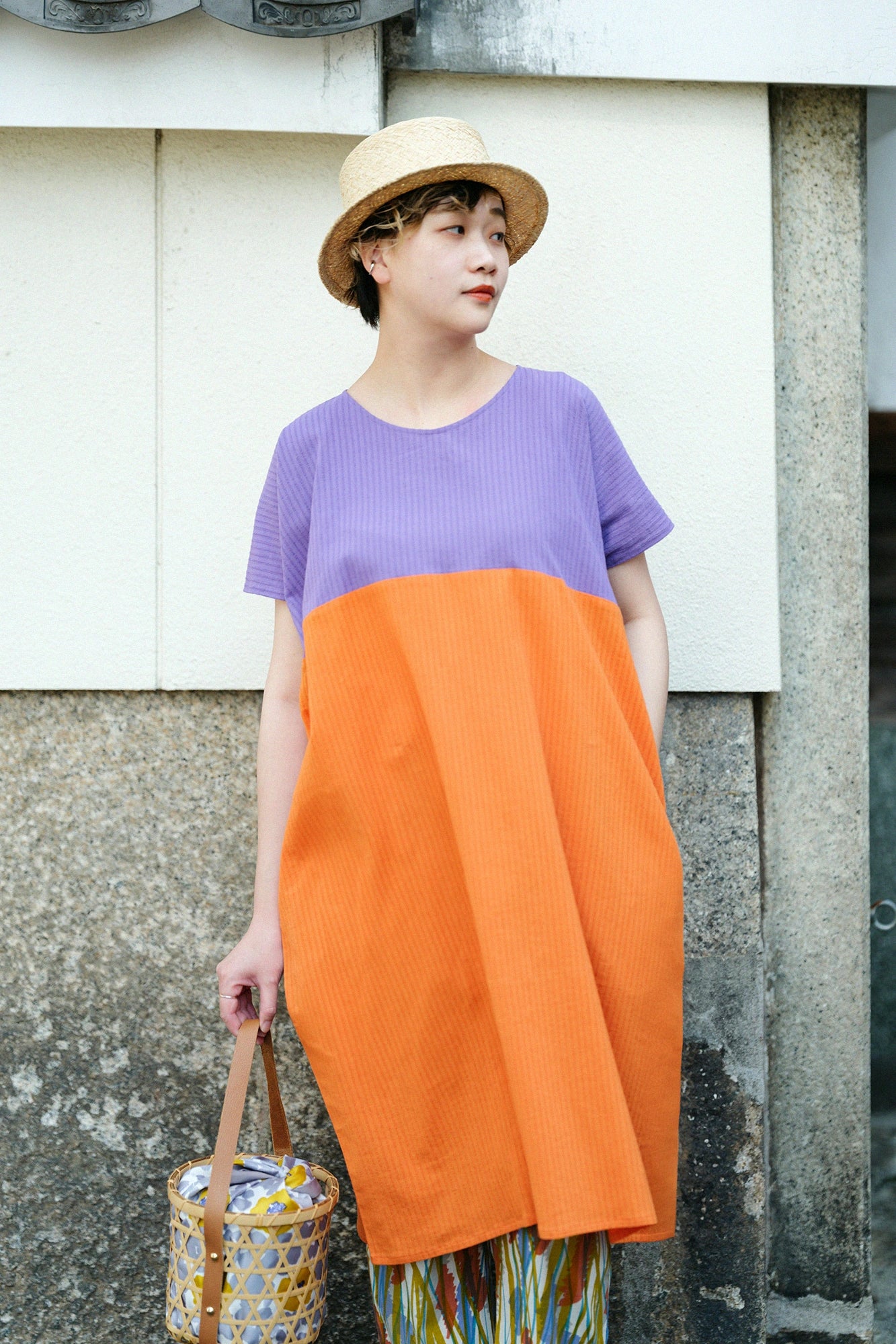 Chizimi Cotton 40/20 Akiha Rectangular Dress Bi-color / Reddish Light Purple ×Orange-red Color