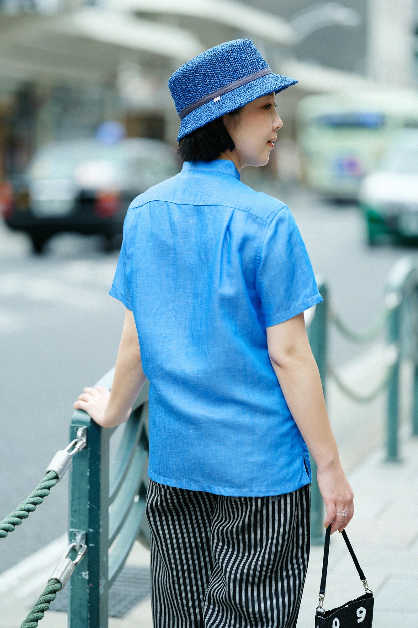 Kurzarmhemd mit Stehkragen aus Chambray-Gewebe/Himmelblau